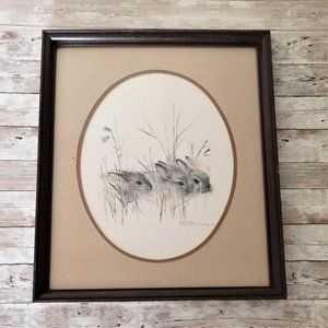 Vintage 1976 Danish Framed Art - Signed Mads Stage - Rabbit Nature